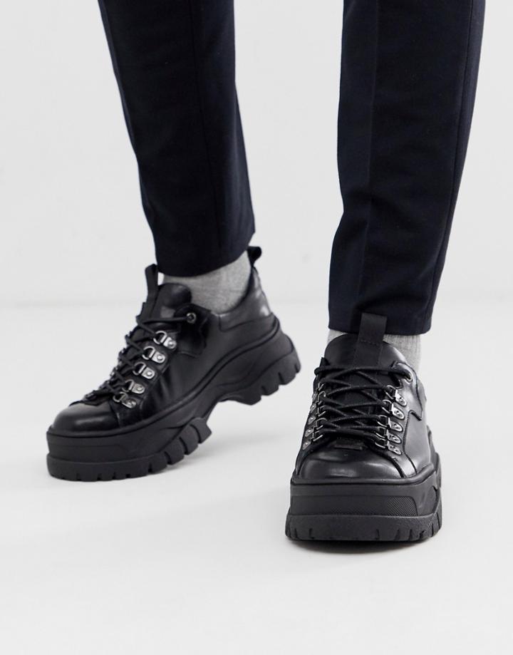 Asos Design Sneaker Shoes In Black Faux Leather With Chunky Sole - Black