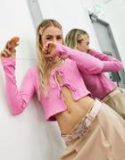Noisy May Ribbed Tie Front Long Sleeve Top In Pink