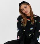 Asos Design Petite Sweatshirt With Floral Embroidery - Black