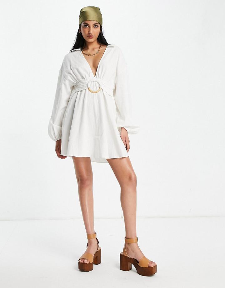 Asos Design Plunge Linen Skater Mini Dress With Ring Detail In White