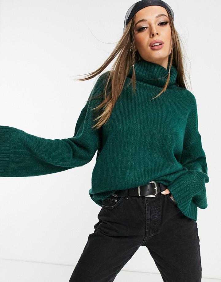 Violet Romance Roll Neck Chunky Sweater In Forest Green