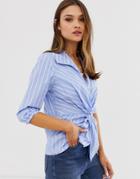 Asos Design Long Sleeve Plunge Shirt With Knot Front In Cotton Poplin In Stripe-multi