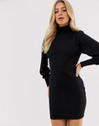 Asos Design Roll Neck Mini Dress With Statement Sleeve In Recycled Blend - Black