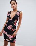Ax Paris Plunge Rose Print Mini Dress - Black
