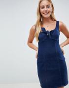 Asos Design Denim Tie Front Mini Dress In Darkwash Blue - Blue