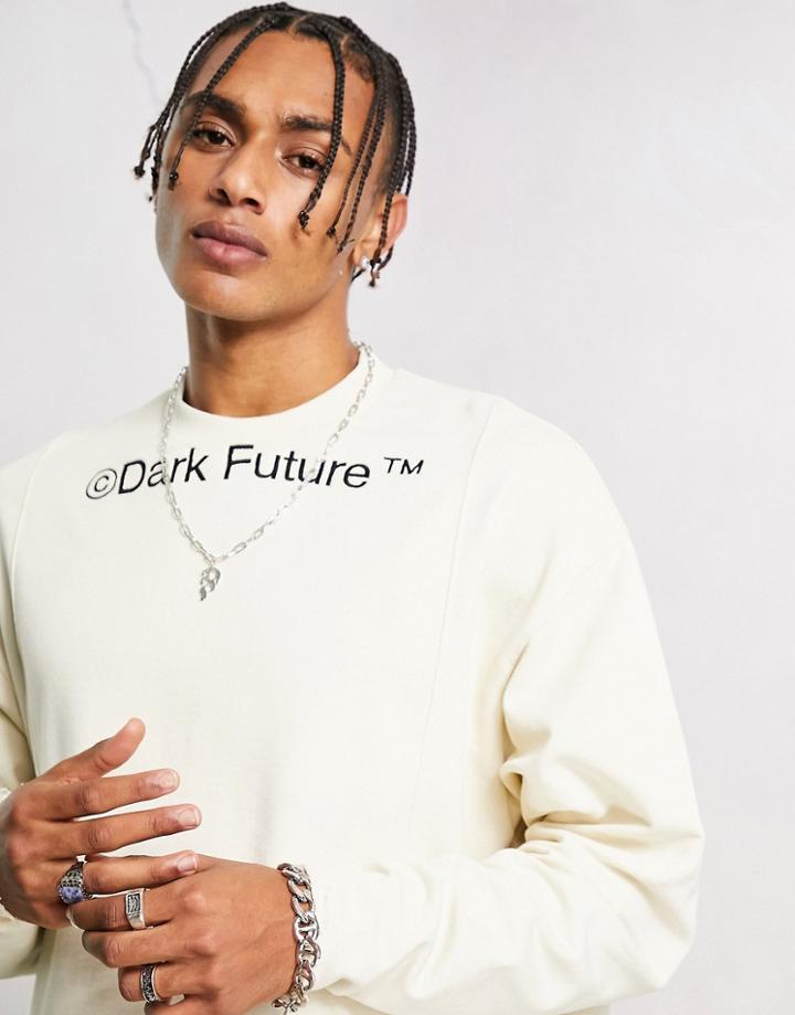 Asos Dark Future Oversized Sweatshirt With Neck Logo Print And Raw Edges In Off White