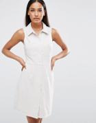 Ax Paris Ribbed Sleeveless Shirt Dress With Pocket Detail - Beige