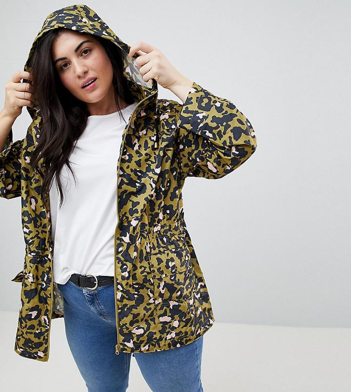 Brave Soul Plus Leona Rain Trench In Camo Leopard - Green
