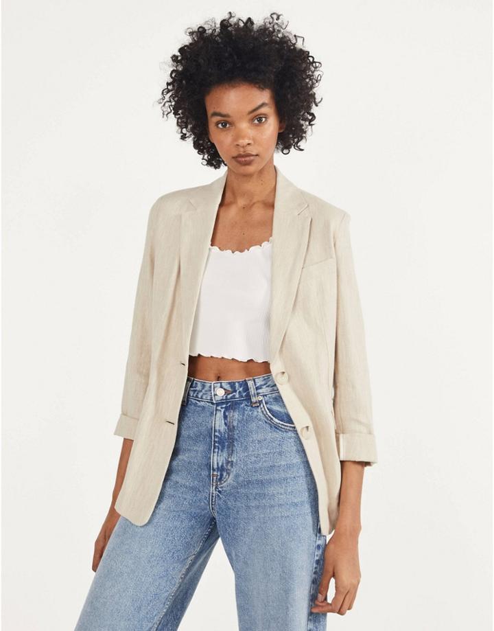 Bershka Pocket Detail Oversized Linen Blazer In Beige-neutral