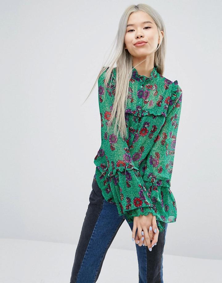 Stylenanda High Neck Pretty Frill Sleeve Blouse In Floral - Green