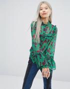 Stylenanda High Neck Pretty Frill Sleeve Blouse In Floral - Green