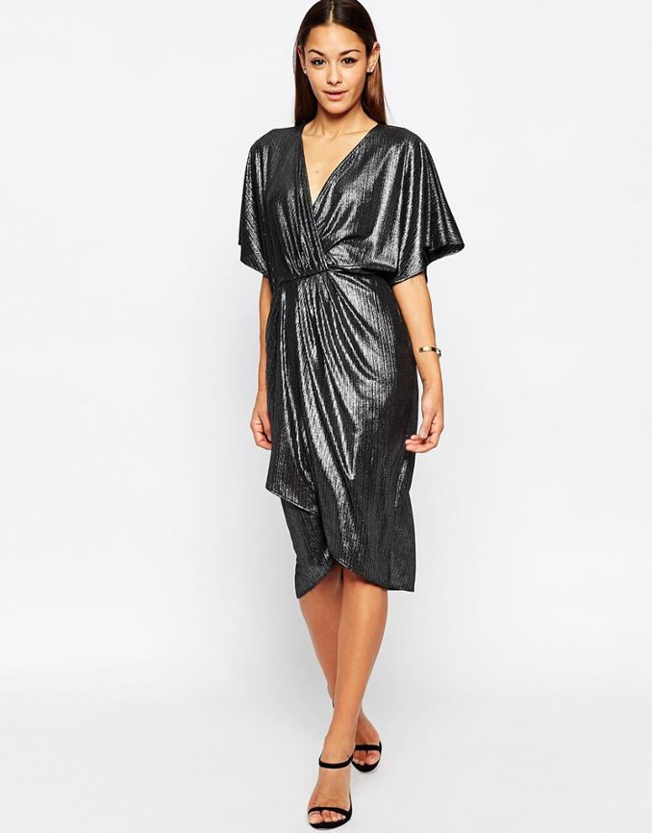 Asos Metallic Wrap Kimono Midi Dress - Silver