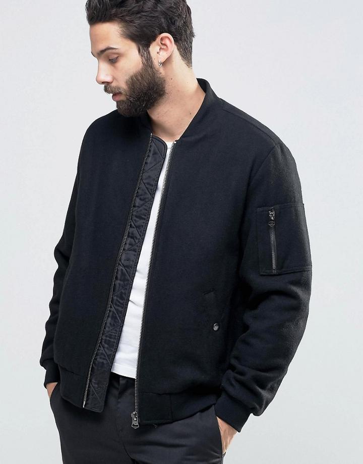 Asos Wool Mix Bomber Jacket With Ma1 Pocket In Black - Black