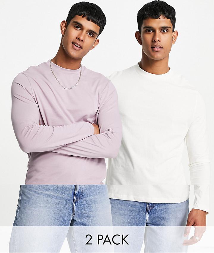 Asos Design 2 Pack Long Sleeve T-shirt With Crew Neck-multi