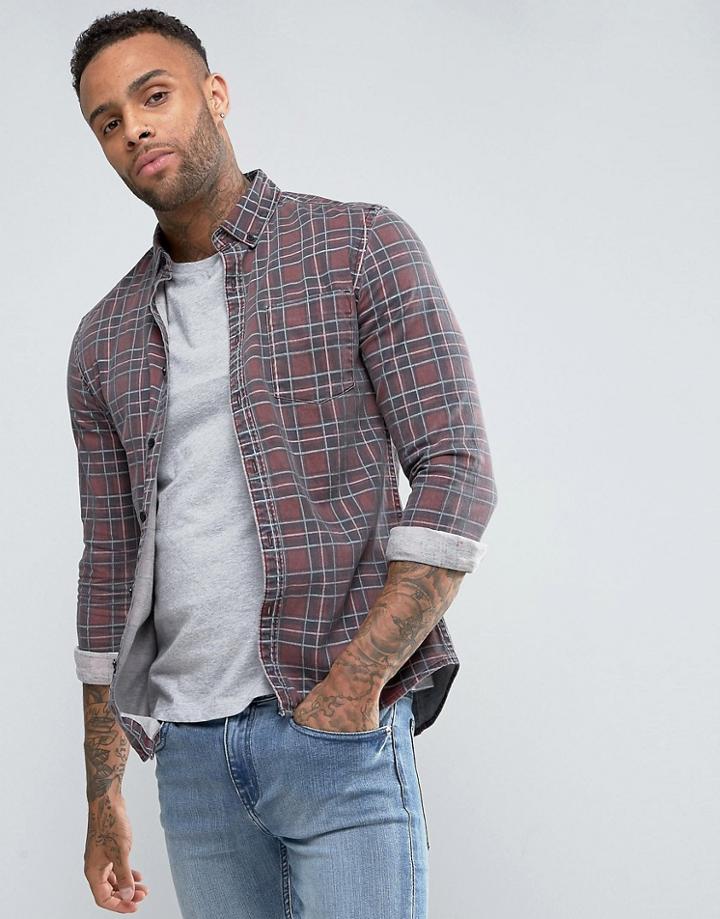 Asos Skinny Denim Shirt With Plaid Check - Red