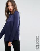 Asos Tall Minimal Satin Long Sleeve Top - Navy