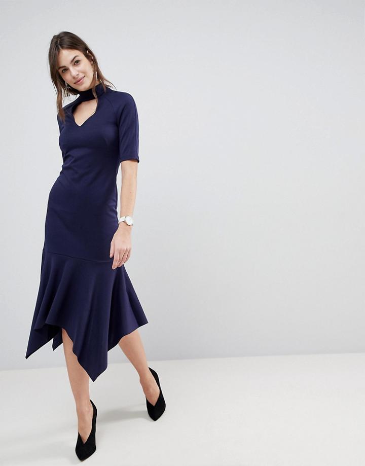 Asos Midi Dress With Pep Hem And Collar - Navy
