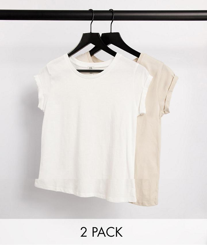 River Island 2 Pack Turnback T-shirt In Pink And White-multi