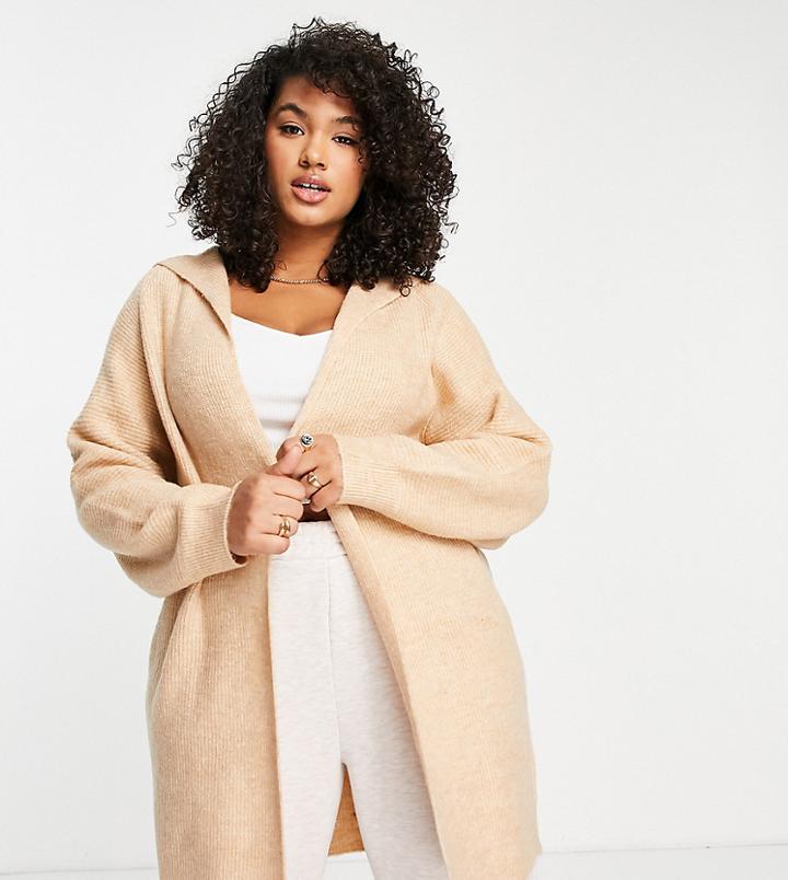 New Look Curve Hooded Cardigan In Camel-neutral