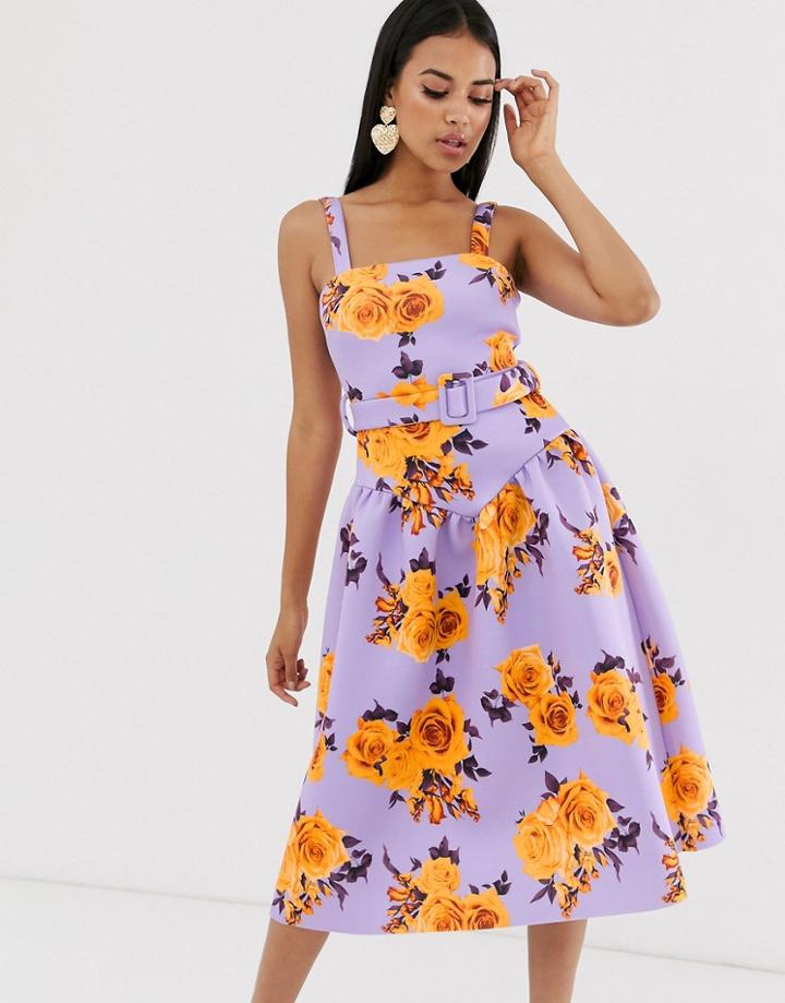 Asos Design Floral Drop Waist Prom Midi Dress With Belt Detail-purple