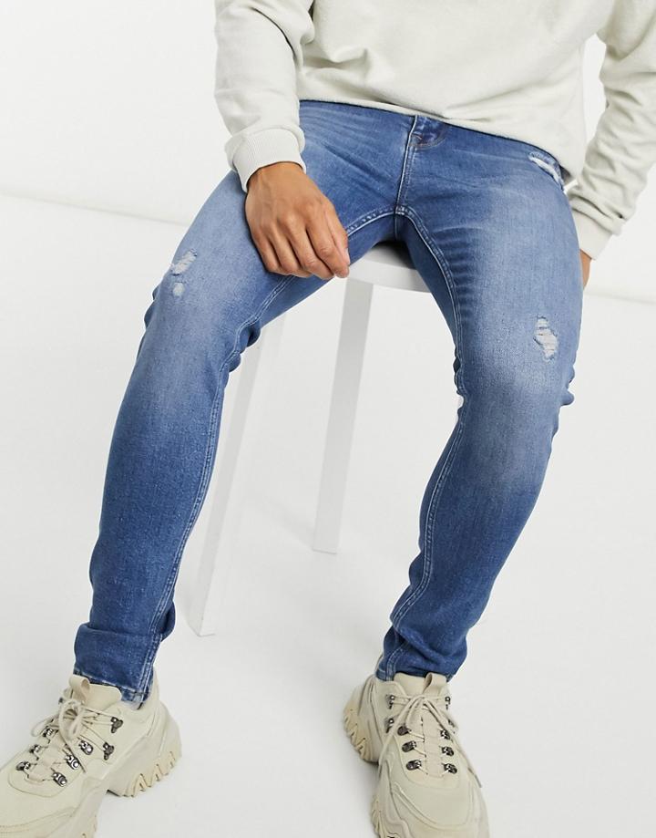 Asos Design Super Skinny Jeans In Dark Wash With Abrasions-blue
