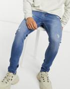 Asos Design Super Skinny Jeans In Dark Wash With Abrasions-blue