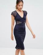 Ax Paris Navy V Neck Mesh Lace Bodycon Midi Dress - Navy