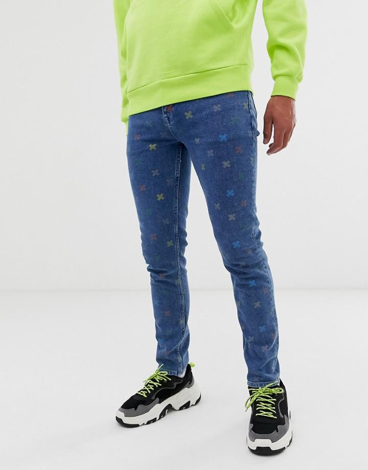 Asos Design Skinny Jeans In Mid Wash Blue With Cross Print - Blue