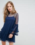 Lace & Bead High Neck Swing Dress In Spot Mesh - Navy