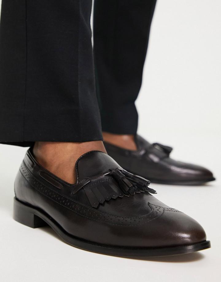 Asos Design Loafers In Brown Leather With Fringe Detail