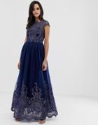 Chi Chi London Premium Lace Embroidered Maxi Prom Dress With Bardot Neck In Navy