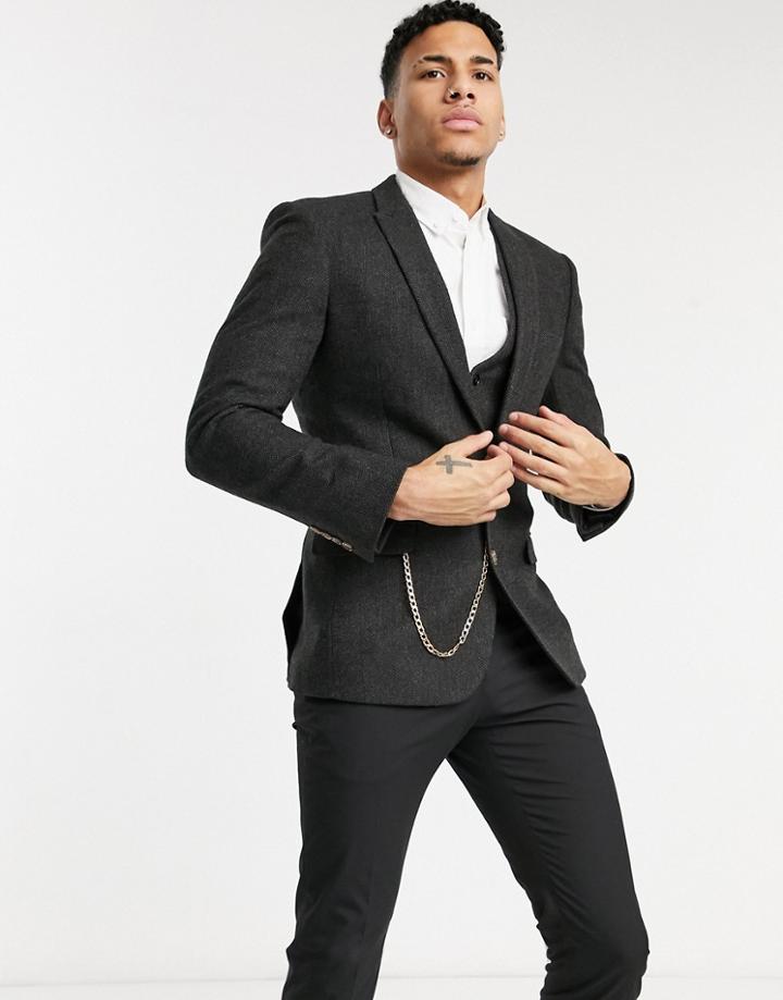 Asos Design Skinny Wool Mix Suit Jacket In Brown Herringbone With Chain Detail