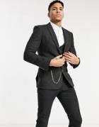 Asos Design Skinny Wool Mix Suit Jacket In Brown Herringbone With Chain Detail