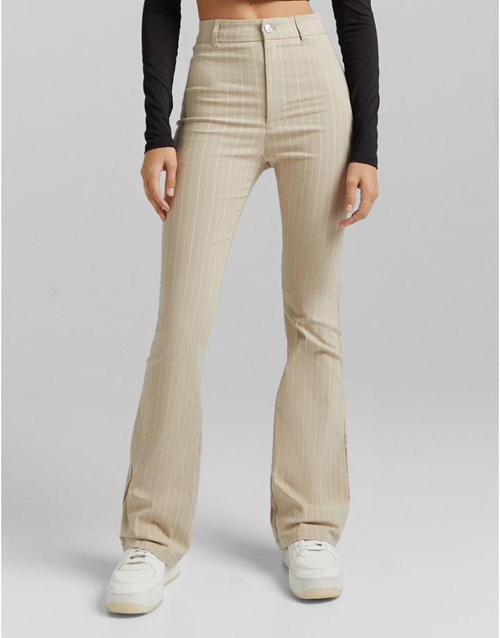 Bershka Pinstripe Flare Pants In Cream-white