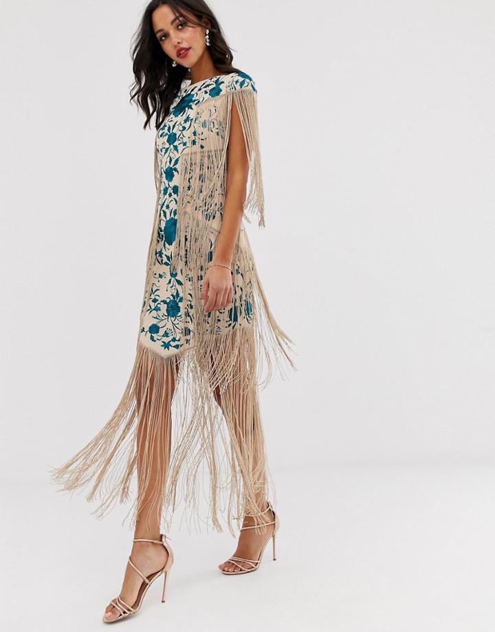 Asos Edition Embroidered Midi Fringe Dress - Multi