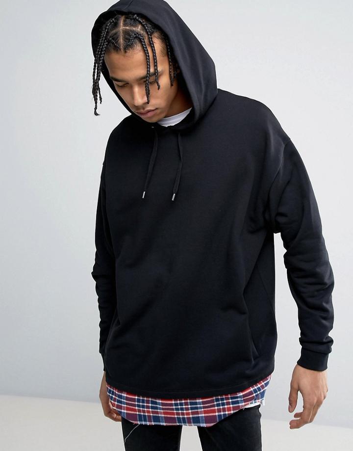 Asos Super Longline Hoodie With Checked Hem - Black