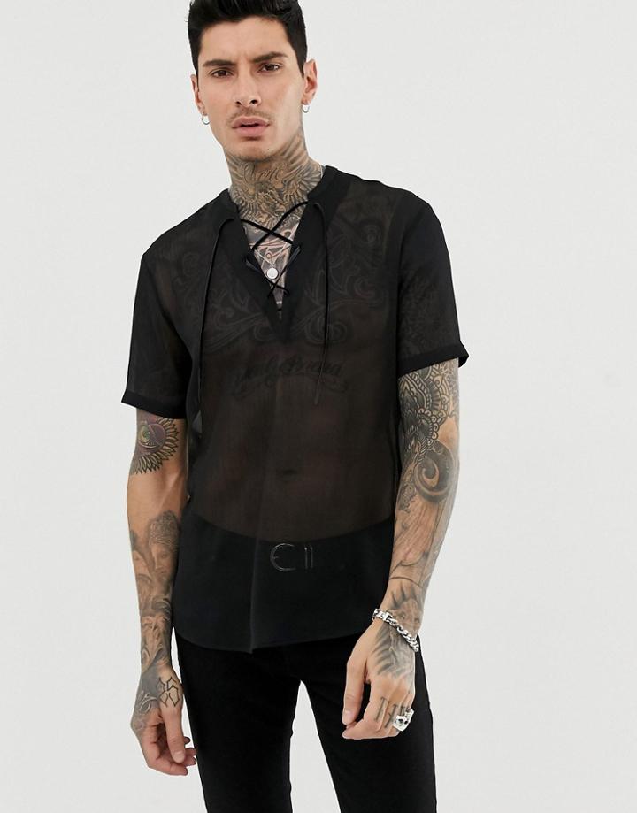 Asos Design Regular Fit Overhead Sheer Shirt In Black With Lace Up Detail - Black