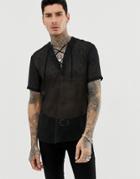 Asos Design Regular Fit Overhead Sheer Shirt In Black With Lace Up Detail - Black