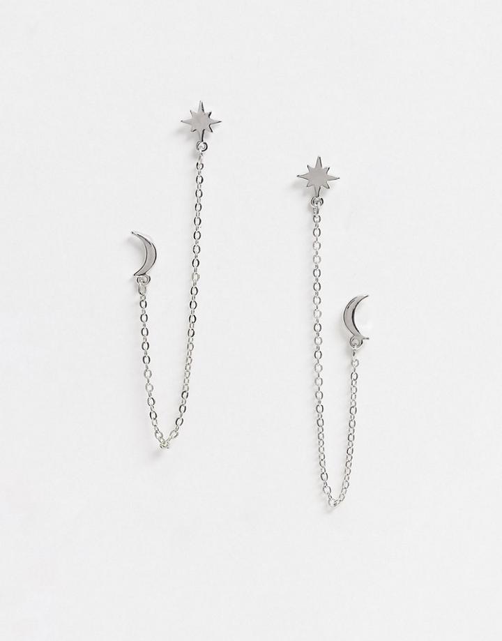 Pieces Chain Earrings With Star And Moon Studs In Silver