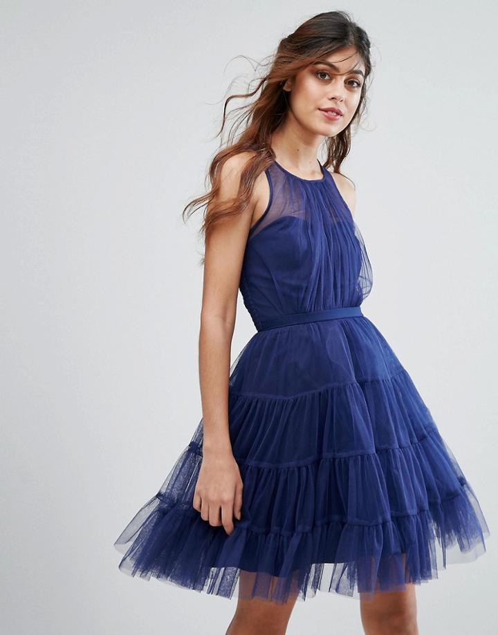 Little Mistress Tulle Mini Dress In Tiers - Navy