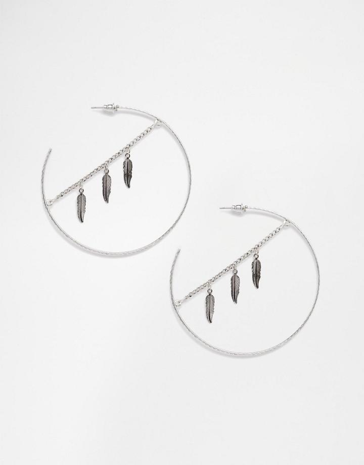 Asos Feather Charm Hoop Earrings - Silver