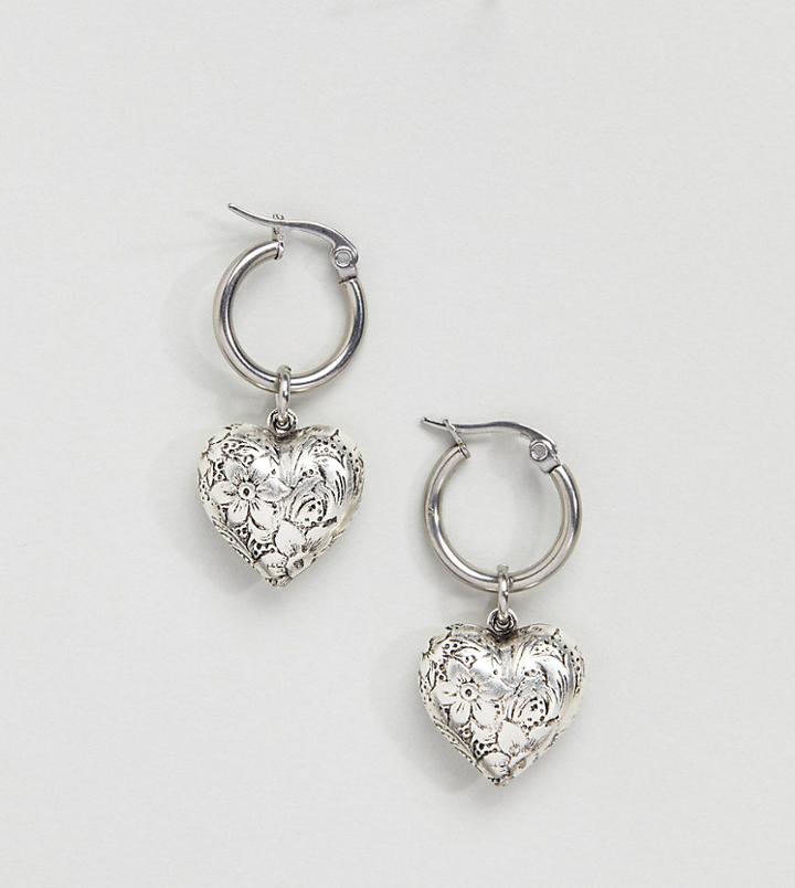 Regal Rose Sterling Silver Plated Heart Charm Mini Hoop Earrings - Silver