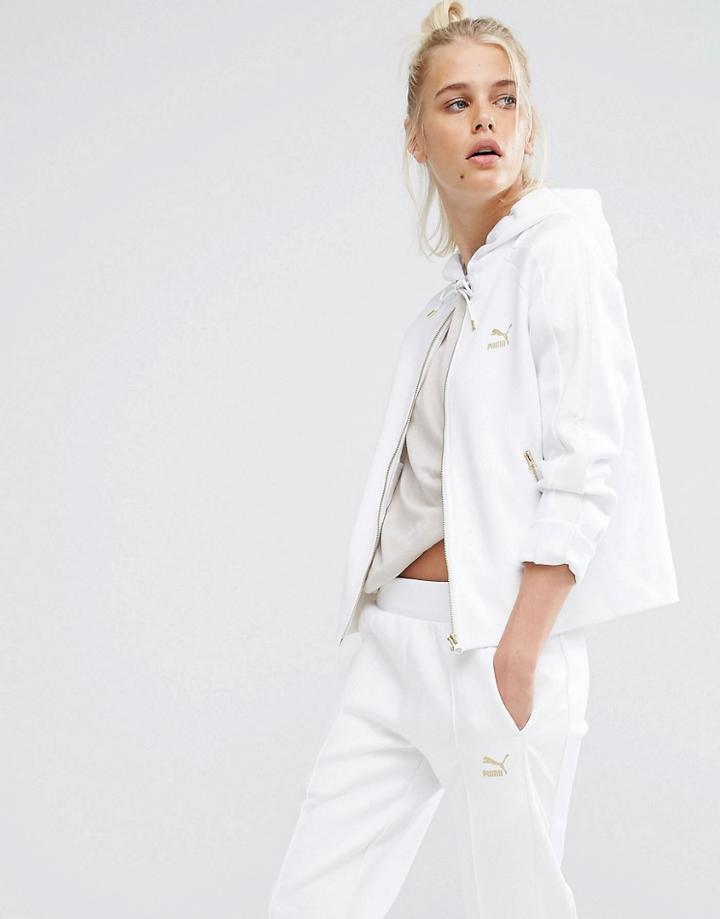 Puma Zip Front Hoodie With Gold Logo - White