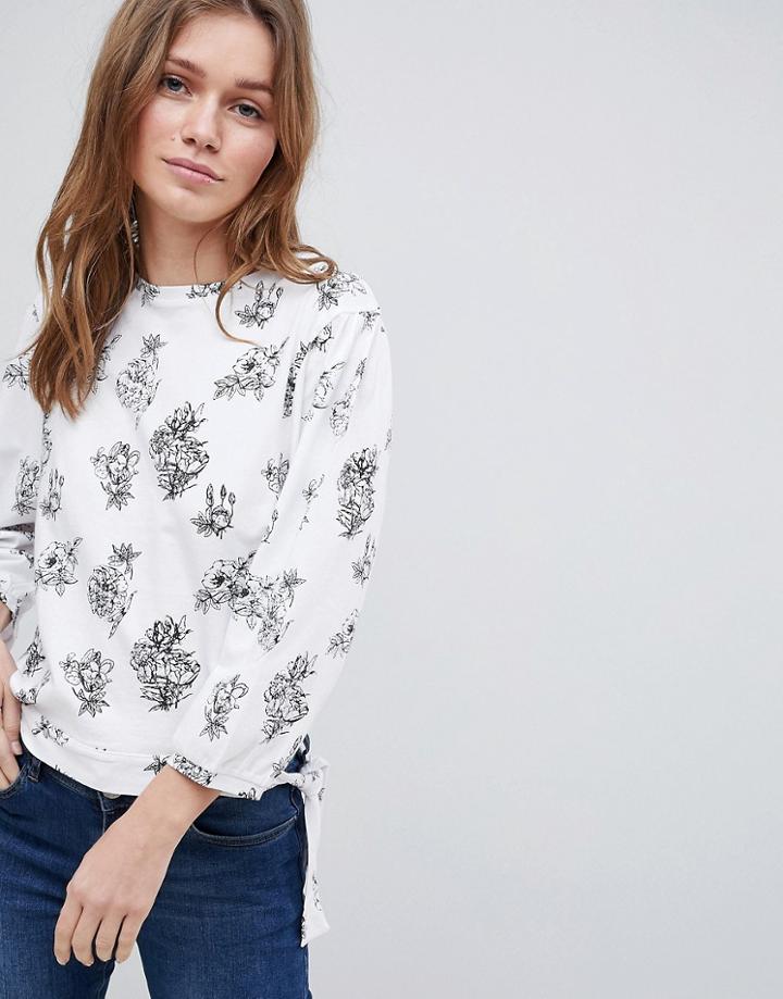 Brave Soul Swoop Long Sleeve Top In Floral Print - White