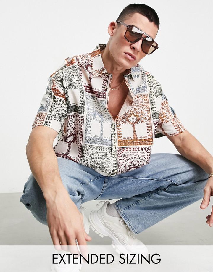 Asos Design Boxy Oversized Linen Shirt In Tree Matchbox Print-neutral
