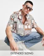 Asos Design Boxy Oversized Linen Shirt In Tree Matchbox Print-neutral