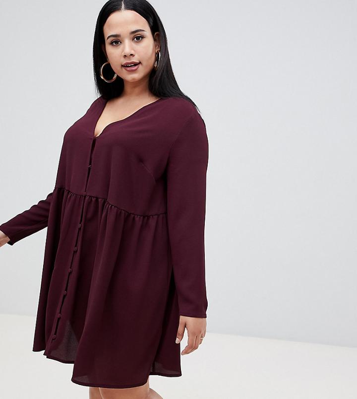 Asos Design Curve Smock Mini Dress With Button Through - Red