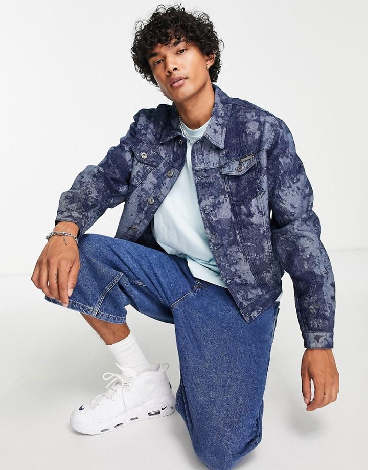 Liquor N Poker Oversized Trucker Denim Jacket In Dark Blue Camo - Part Of A Set