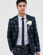 Moss London Slim Fit Suit Jacket With Floral Print In Navy - Blue