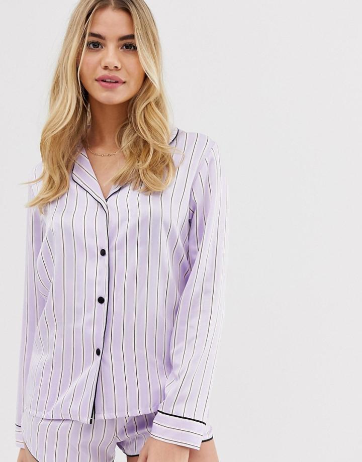 Hunkemoller Amour Satin Stripe Pyjama Top In Lilac - Purple